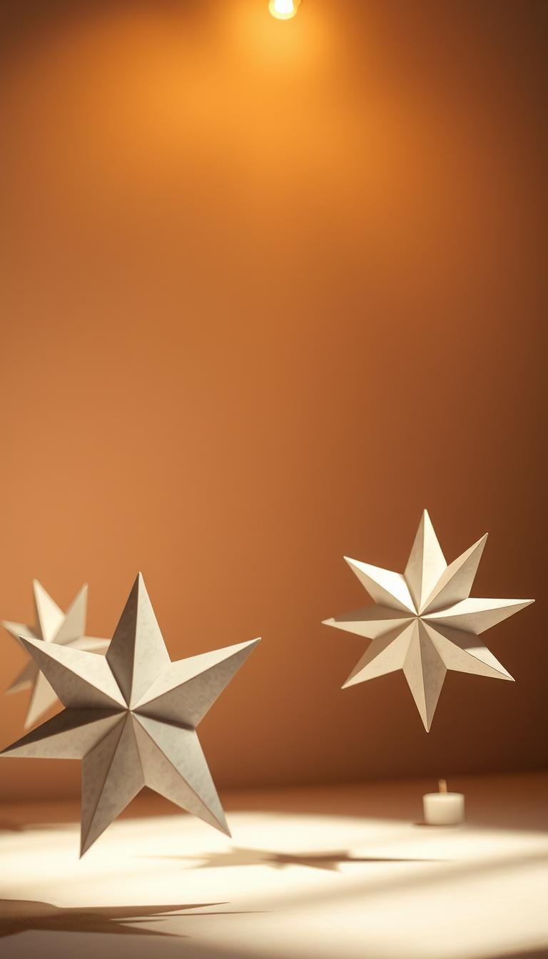 3D paper stars in a cozy, warm-lit environment. Intricate, origami-inspired paper shapes float in the foreground, casting delicate shadows. Subtle textures and depth create a sense of three-dimensionality. The middle ground features a simple, neutral backdrop, allowing the stars to be the focal point. Warm, inviting lighting from above casts a soft glow, highlighting the crisp folds and angles of the paper constructions. The overall mood is one of whimsical elegance, perfect for a DIY paper craft feature.