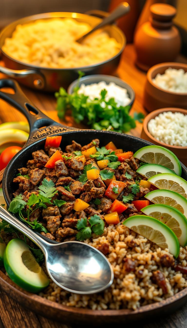 A beautifully arranged Mexican Beef & Rice Skillet, featuring savory ground beef sautéed with vibrant bell peppers, diced tomatoes, and fragrant spices. The dish is placed in a rustic cast-iron skillet, surrounded by a colorful medley of garnishes such as fresh cilantro, avocado slices, and lime wedges. In the foreground, a serving spoon elegantly rests beside the skillet, inviting you to dig in. The middle ground showcases the skillet in a cozy kitchen setting, with warm, ambient lighting casting a golden glow on the ingredients. In the background, a soft-focus view of a wooden table with cooking utensils and a bowl of rice enhances the homely vibe. The overall mood is inviting and appetizing, perfect for showcasing quick, delicious meal ideas. A beautifully arranged Mexican Beef & Rice Skillet, featuring savory ground beef sautéed with vibrant bell peppers, diced tomatoes, and fragrant spices. The dish is placed in a rustic cast-iron skillet, surrounded by a colorful medley of garnishes such as fresh cilantro, avocado slices, and lime wedges. In the foreground, a serving spoon elegantly rests beside the skillet, inviting you to dig in. The middle ground showcases the skillet in a cozy kitchen setting, with warm, ambient lighting casting a golden glow on the ingredients. In the background, a soft-focus view of a wooden table with cooking utensils and a bowl of rice enhances the homely vibe. The overall mood is inviting and appetizing, perfect for showcasing quick, delicious meal ideas.