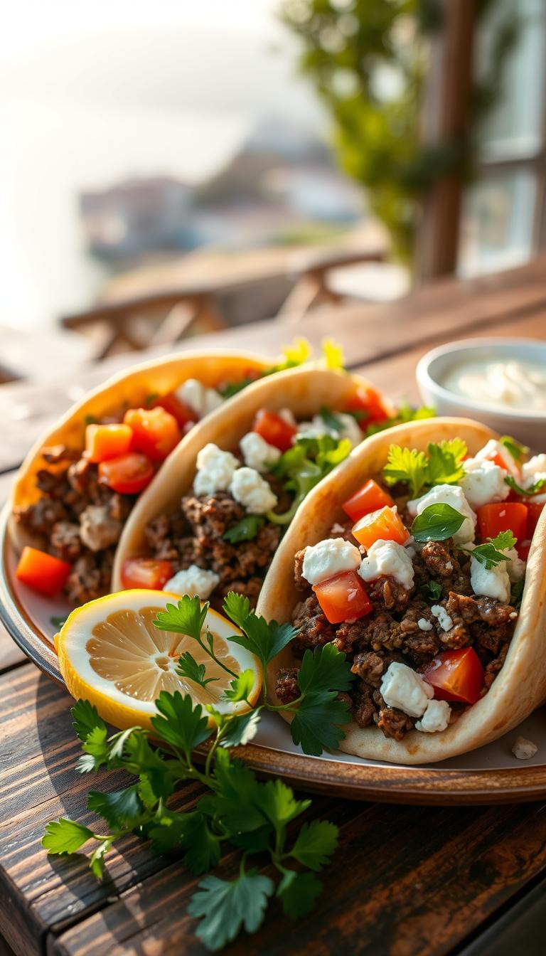 A beautifully arranged plate of Greek beef pitas, featuring juicy, spiced ground beef stuffed into warm pita bread. The pitas are generously garnished with fresh diced tomatoes, crumbled feta cheese, crisp lettuce, and a drizzle of creamy tzatziki sauce, creating a vibrant palette of colors. In the foreground, a garnish of fresh parsley and lemon slices adds a zesty touch. The background includes a rustic wooden table with a soft-focus Mediterranean landscape gently illuminated by warm, golden sunlight, evoking a cozy and inviting atmosphere. Shot with a 50mm lens for a shallow depth of field, highlighting the details of the dish while softly blurring the background, enhancing the delicious appeal of this hearty meal. A beautifully arranged plate of Greek beef pitas, featuring juicy, spiced ground beef stuffed into warm pita bread. The pitas are generously garnished with fresh diced tomatoes, crumbled feta cheese, crisp lettuce, and a drizzle of creamy tzatziki sauce, creating a vibrant palette of colors. In the foreground, a garnish of fresh parsley and lemon slices adds a zesty touch. The background includes a rustic wooden table with a soft-focus Mediterranean landscape gently illuminated by warm, golden sunlight, evoking a cozy and inviting atmosphere. Shot with a 50mm lens for a shallow depth of field, highlighting the details of the dish while softly blurring the background, enhancing the delicious appeal of this hearty meal.