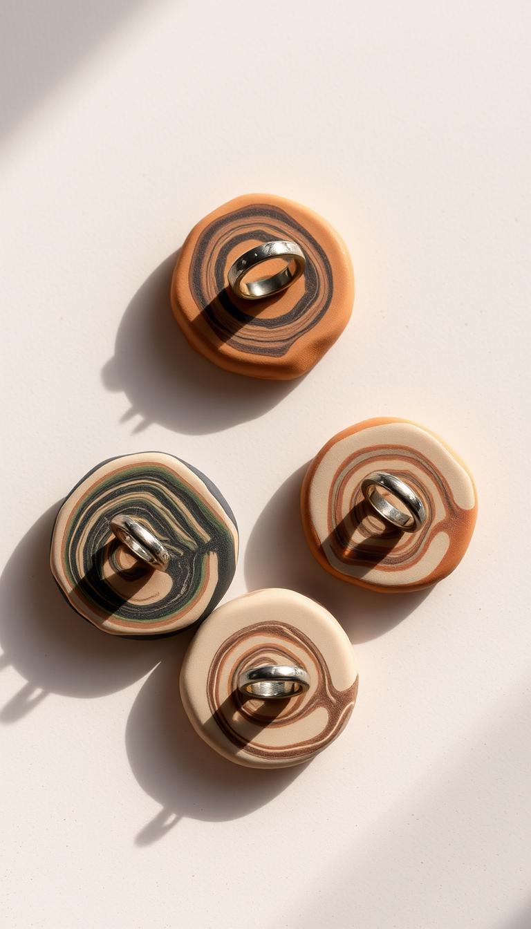 A beautifully crafted set of marbled clay ring holders, artfully arranged on a smooth, neutral-toned background. The clay has been meticulously kneaded and manipulated, creating intricate swirling patterns of earthy tones and natural hues. Soft, directional lighting highlights the tactile, handcrafted texture of the pieces, casting gentle shadows that accentuate their organic forms. The composition is balanced and visually appealing, with the ring holders positioned to showcase their unique, one-of-a-kind designs. An atmosphere of calm, creativity, and attention to detail permeates the scene, inviting the viewer to appreciate the beauty and versatility of this simple, yet elegant, DIY clay craft.
