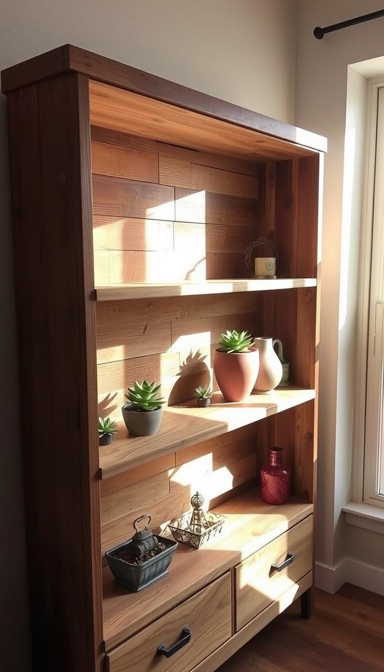 A beautifully crafted upcycled drawer shelf, its wooden frame repurposed from vintage furniture. The shelves are made from reclaimed wood planks, their natural grain and weathered texture adding rustic charm. Sunlight streams through a nearby window, casting a warm glow across the shelf's surface. Decorative items, such as potted succulents and ceramic vases, adorn the shelves, complementing the earthy tones. The overall composition exudes a sense of warmth, practicality, and eco-conscious design, perfectly capturing the essence of "Upcycled Drawer Shelf" for the article.
