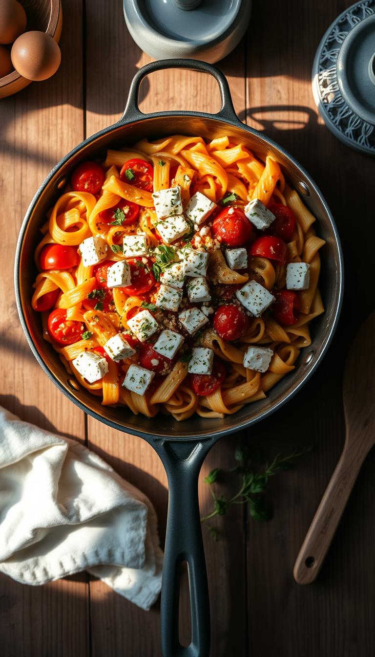 A beautifully lit overhead shot of a one-pan baked feta pasta dish, fresh out of the oven. The pasta is swirled with vibrant tomatoes, garlic, and fragrant herbs, the feta cheese melted and browned on top, casting a warm glow across the scene. Soft natural light filters in from the side, creating long shadows and a cozy, inviting atmosphere. The pan is placed on a rustic wooden table, surrounded by simple kitchen accessories that suggest this is a quick, easy, and satisfying meal. The overall mood is enticing and mouthwatering, capturing the viral popularity of this comforting, Instagram-worthy dish.
