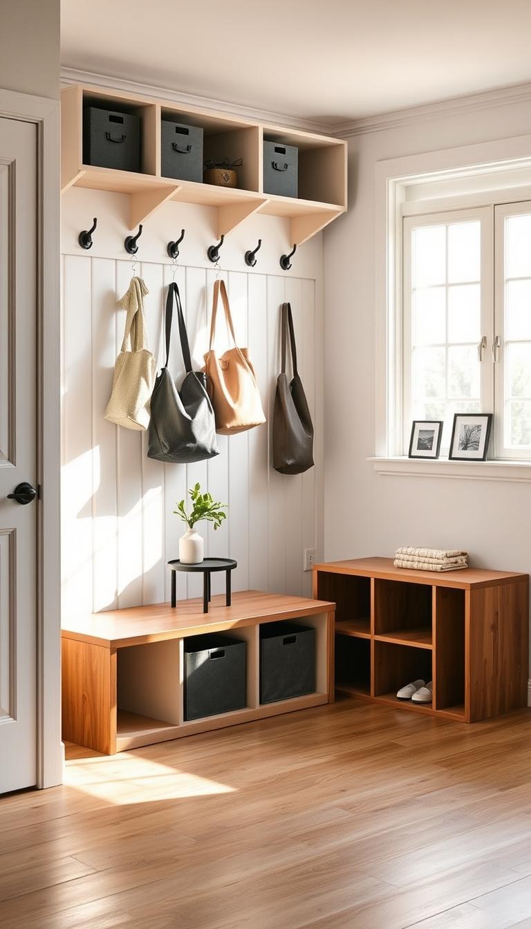 A bright, airy entryway with a minimalist aesthetic. In the foreground, a sturdy wooden bench serves as a drop zone, with hooks above for hanging coats, bags, and keys. Cubbies and storage bins neatly organize everyday items. Warm, natural light filters in through a large window, casting a soft glow on the space. The middle ground features a small side table with a decorative plant, and a sleek, modern shoe rack tucked underneath. The background showcases clean white walls, accented by a few framed prints or artwork. The overall atmosphere is calm, inviting, and conducive to a clutter-free start to the day.