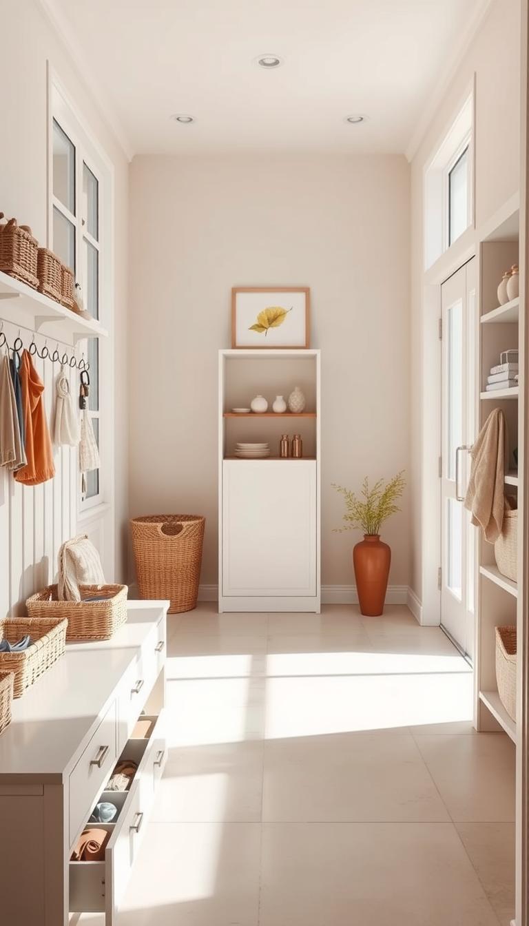 A bright, airy entryway with ample, organized storage. The foreground features a sleek, minimalist bench with hidden drawers, providing a clean, decluttered surface. Surrounding the bench are neatly arranged baskets and hooks, housing keys, mail, and other everyday items. The middle ground showcases a tall, narrow cabinet with recessed shelves, displaying carefully curated décor pieces. Natural light floods the space through large windows, casting a warm, inviting glow. The background features a neutral-toned wall with a simple, modern art piece, creating a harmonious, calming ambiance. The overall atmosphere conveys a sense of order, tranquility, and effortless organization. A bright, airy entryway with ample, organized storage. The foreground features a sleek, minimalist bench with hidden drawers, providing a clean, decluttered surface. Surrounding the bench are neatly arranged baskets and hooks, housing keys, mail, and other everyday items. The middle ground showcases a tall, narrow cabinet with recessed shelves, displaying carefully curated décor pieces. Natural light floods the space through large windows, casting a warm, inviting glow. The background features a neutral-toned wall with a simple, modern art piece, creating a harmonious, calming ambiance. The overall atmosphere conveys a sense of order, tranquility, and effortless organization.