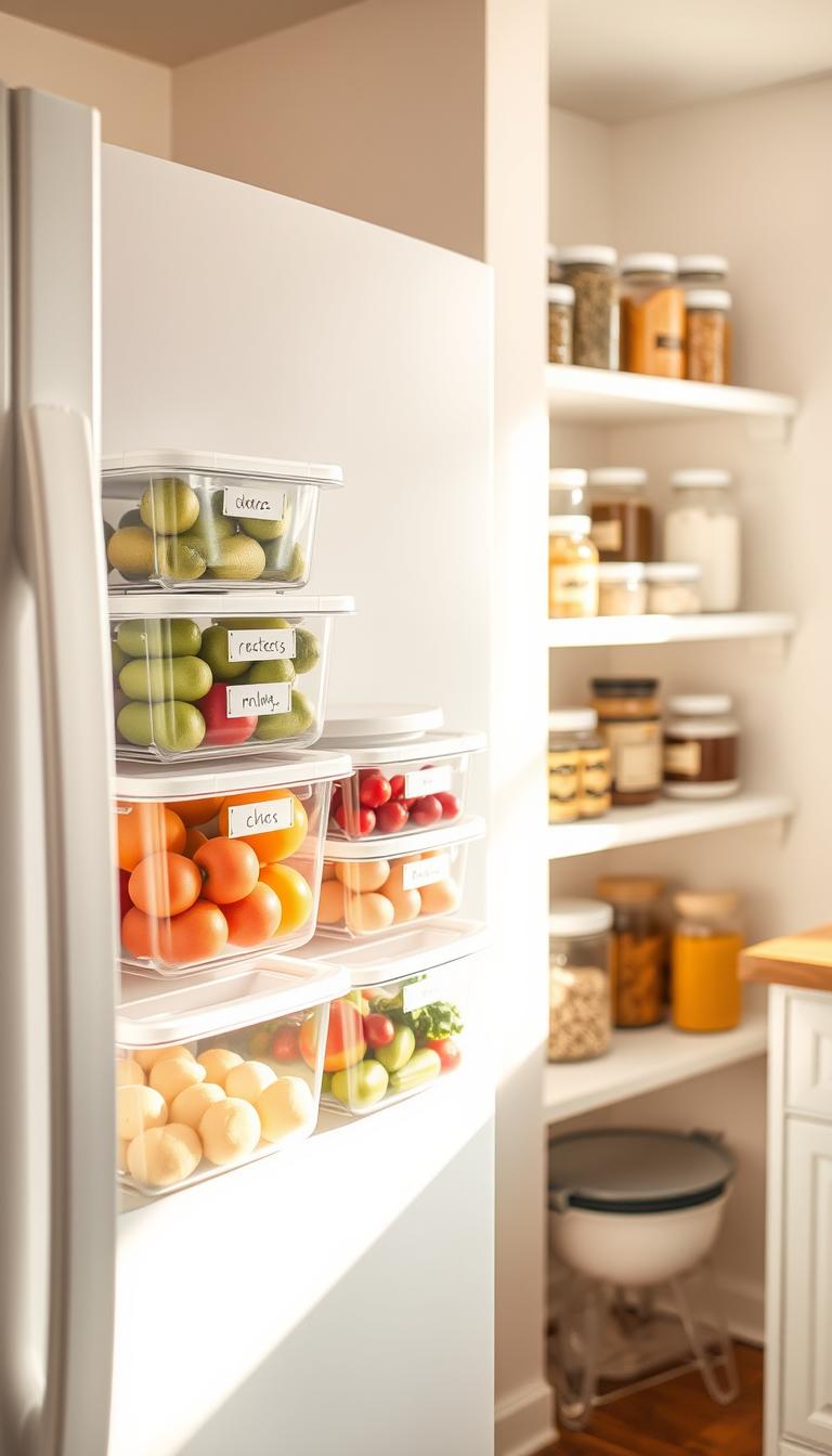 A bright, airy kitchen interior with a minimalist yet functional design. In the foreground, a set of clear plastic storage bins neatly arranged on the middle shelf of a clean, white refrigerator. The bins are filled with various fresh produce, labeled with handwritten tags. In the background, a well-organized pantry shelves, with coordinated glass jars and canisters containing dry goods, spices, and other kitchen staples. Warm, natural lighting floods the scene, creating a sense of order and simplicity. The overall atmosphere is one of efficiency and budget-friendly home organization.