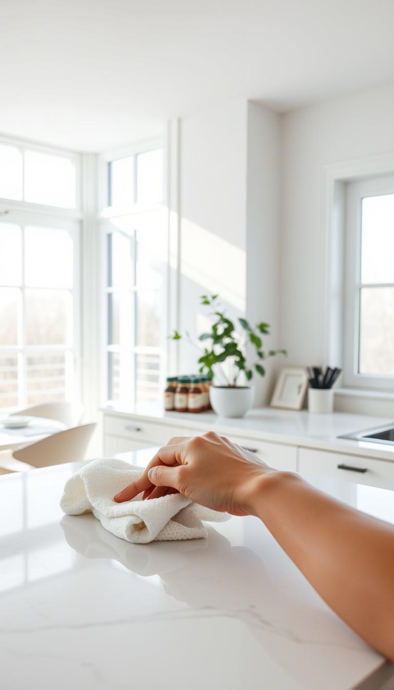 A bright, airy kitchen interior with a sleek marble countertop. In the foreground, a person's hands wiping the surface with a clean, white cloth, creating a sense of tidiness and organization. The middle ground features neatly arranged spices, cookbooks, and a potted plant, all in a minimalist, Scandinavian-inspired style. The background showcases large windows allowing natural light to flood the space, creating a serene and calming atmosphere. The overall scene conveys a sense of simplicity, tranquility, and the satisfaction of a well-maintained, clutter-free kitchen.