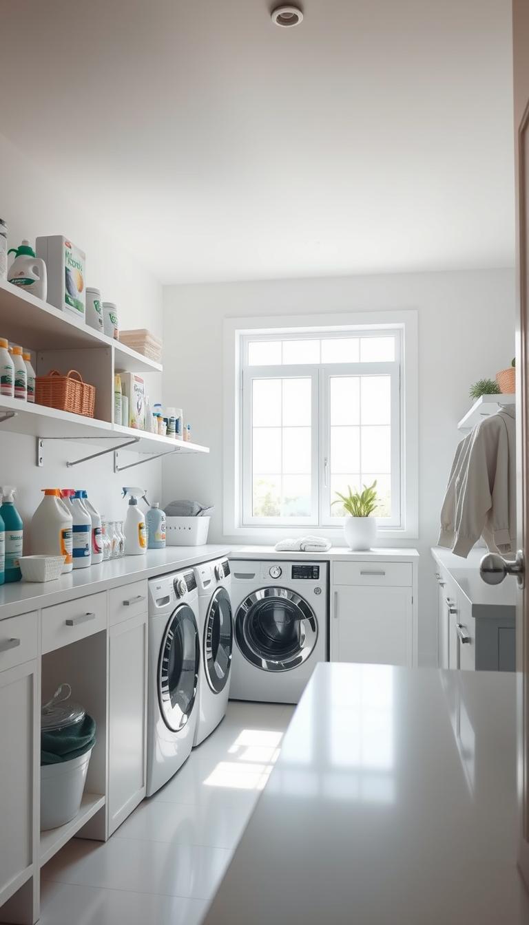 A bright, airy laundry room with an organized, minimalist aesthetic. In the foreground, a variety of laundry supplies neatly arranged on open shelves - detergents, fabric softeners, and cleaning tools. The middle ground features a modern, energy-efficient washer and dryer, with ample counter space for folding clothes. The background showcases a large window, allowing natural light to flood the space and create a calming, tranquil atmosphere. The lighting is soft and diffused, casting gentle shadows that accentuate the clean lines and tidy organization of the room. The angle is slightly elevated, offering a comprehensive view of the well-designed laundry room setup.