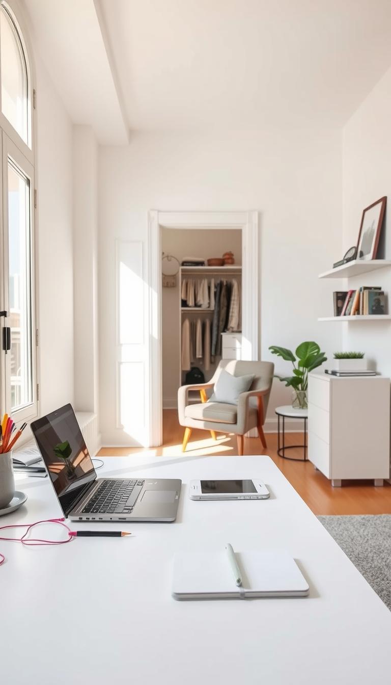 A bright, airy room with natural light streaming through the windows. In the foreground, a neatly organized desk with minimal clutter - a laptop, a plant, a few carefully placed office supplies. On the walls, simple yet elegant shelves display a few treasured items, books, and framed artwork. The middle ground features a cozy armchair and a small side table, creating a cozy reading nook. In the background, a sense of order and calm prevails, with a well-organized closet or storage unit visible. The overall mood is one of serenity and productivity, inspiring the viewer to embrace the art of decluttering and mindful organization. Captured with a wide-angle lens, the scene conveys a sense of balance and harmony.