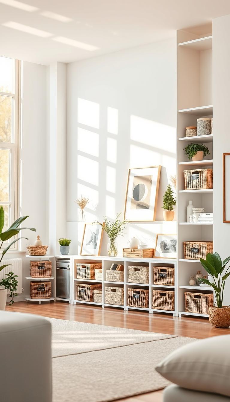 A bright and airy living room filled with neatly organized storage solutions. Crisp white walls and natural wood accents create a serene ambiance. On the shelves, various labeled baskets and containers hold everyday items in an orderly fashion. Warm sunlight filters through large windows, casting a soft glow across the meticulously curated space. Minimal decor elements, such as potted plants and framed artwork, enhance the overall sense of tranquility and mindfulness. The camera captures the scene from a slightly elevated angle, emphasizing the harmonious flow and functionality of this thoughtfully designed living area.