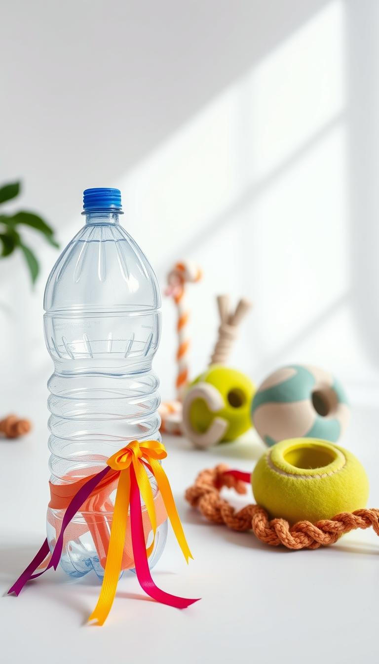 A bright and airy studio setting with natural lighting, showcasing a DIY dog toy made from a recycled plastic water bottle. In the foreground, the bottle has been crinkled and secured with colorful ribbons or string, creating an engaging crinkle-and-rattle toy. In the middle ground, various other homemade pet toys are displayed, such as a knotted rope, a tennis ball with a hole, and a stuffed fabric puzzle. The background features a clean, minimal backdrop, allowing the handcrafted toys to take center stage. The overall atmosphere conveys a sense of creativity, sustainability, and the joy of making simple, interactive toys for our canine companions.