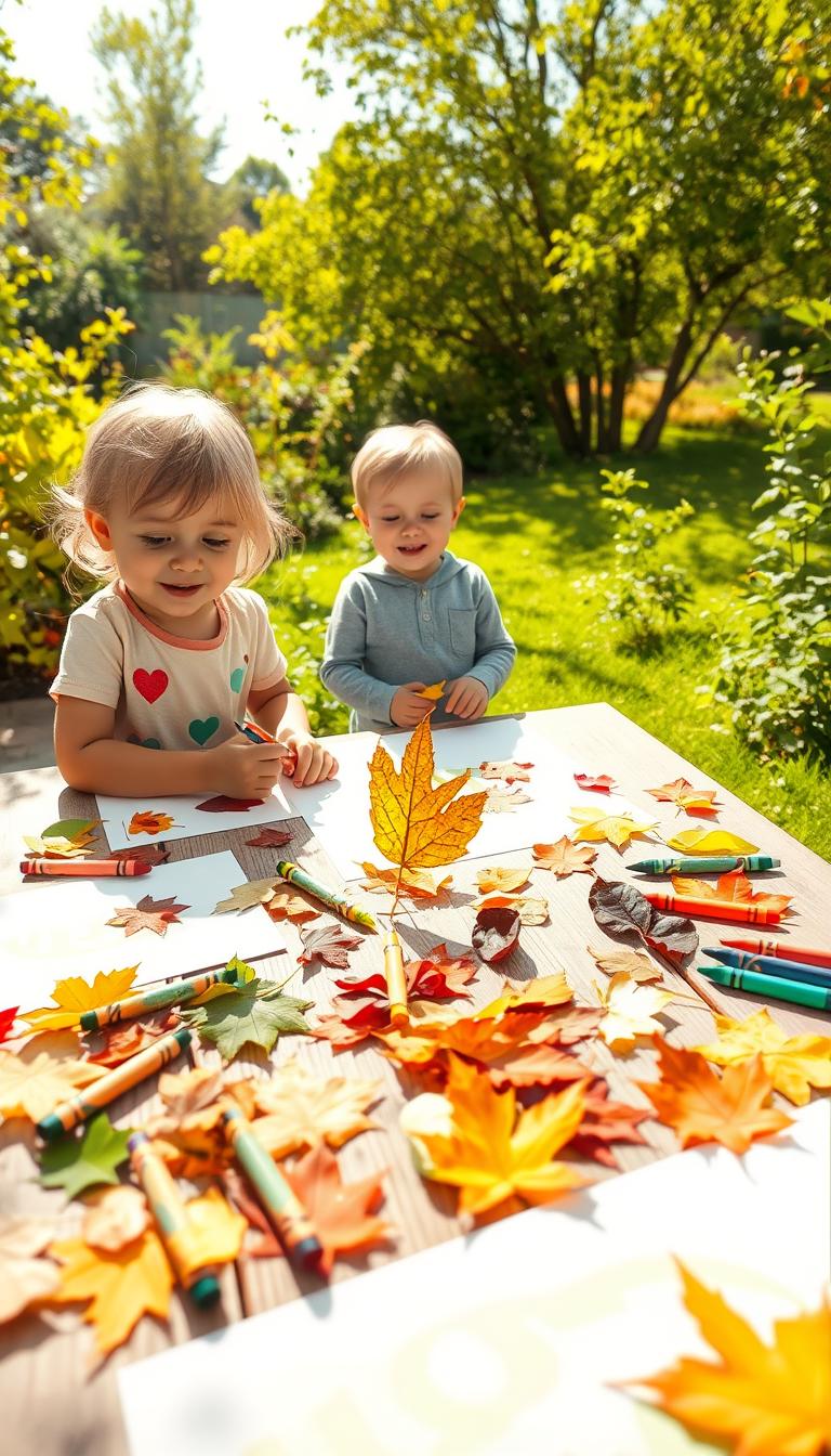 A bright and cheerful scene of children engaging in nature leaf rubbing art outside on a sunny day. In the foreground, showcase a wooden table covered with various colorful leaves, crayons, and paper, with a young child enthusiastically rubbing a leaf with a crayon. In the middle, depict another child looking on and smiling, surrounded by more leaves scattered around, creating a sense of joy and creativity. In the background, illustrate a lush green garden with sunlight filtering through the trees, casting playful shadows. The overall atmosphere should be warm and inviting, evoking a sense of fun and exploration in a beautiful natural setting, with vibrant, clear colors and soft, natural lighting.