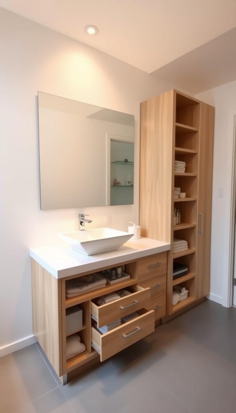 A bright, minimalist bathroom with a sleek, modern vanity and an array of built-in drawers and cabinets. The vanity top features a rectangular vessel sink and a modern chrome faucet, casting a warm glow under soft, diffused lighting. The drawers and cabinets below are organized with various bathroom essentials, creating a sense of order and efficiency. The walls are a serene, off-white color, and the floor is covered in smooth, gray tiles. A large mirror reflects the space, creating an illusion of depth and openness. The overall atmosphere is one of calm, tranquility, and well-designed functionality.