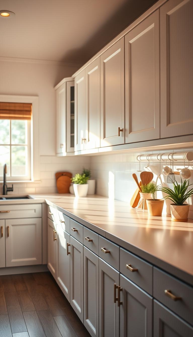 A bright, well-lit kitchen with clean, uncluttered countertops. Warm, natural lighting floods the space, creating a sense of calmness and order. The counters are free of any visible items, leaving a serene, minimalist atmosphere. A few potted plants or simple decor accents may add a touch of organic warmth, but the overall impression is one of tidiness and tranquility. The angle of the shot captures the entirety of the counter space, emphasizing its clear, decluttered state. This image evokes a sense of peaceful organization, reflecting the "keep counters clear" section of the article on reducing stress and creating a cozy home environment.