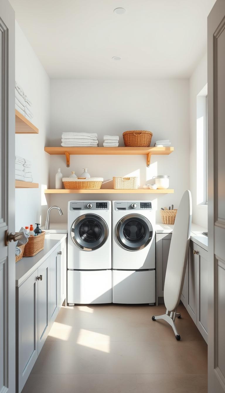 A bright, well-organized laundry room with sturdy wood shelves neatly stocked with neatly folded towels, baskets of cleaning supplies, and a basket for dirty clothes. The room is illuminated by natural light pouring in through large windows, casting a warm glow on the crisp white walls. Sleek, minimalist cabinetry in a soft gray tone provides ample storage space. A front-loading washer and dryer sit side by side, their stainless steel surfaces gleaming. The floor is covered in durable, easy-to-clean tile in a light neutral shade. An ironing board is neatly tucked away, ready for use. The room exudes a sense of calm efficiency, inspiring a feeling of streamlined domestic bliss.