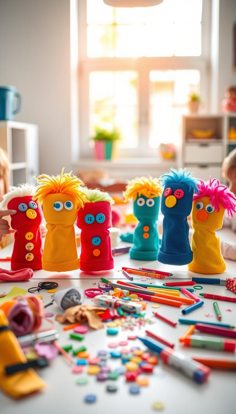 A cheerful indoor scene featuring a colorful craft table laden with various materials for making DIY sock puppets. In the foreground, several sock puppets are creatively displayed, showing bright colors and playful facial features like buttons for eyes and yarn for hair. A pair of children's hands can be seen, emerging from the sides of the table, holding a sock and crafting supplies, conveying engagement in the project. In the middle ground, other craft materials like fabric scraps, markers, and glitter are scattered around, enhancing the playful atmosphere. The background features a bright window letting in warm, natural light, creating an inviting and joyful ambiance. The overall vibe is fun and creative, perfect for inspiring kids to explore their crafting skills.