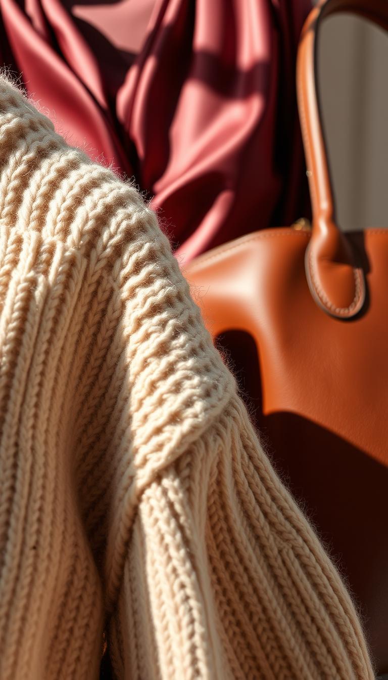 A close-up arrangement of luxurious fabric textures in a soft, natural lighting environment. In the foreground, a plush knit sweater in a neutral beige tone, its intricate stitching pattern casting gentle shadows. Behind it, a shimmering satin blouse in a deep burgundy hue, its fluid drape and sheen creating a sense of elegance. In the background, a rich leather handbag in a classic brown, its smooth, supple surface reflecting the light. The overall composition emphasizes the harmonious interplay of diverse textural elements, conveying a sense of refined, sophisticated style.