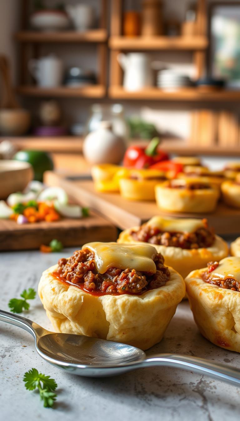 A close-up of freshly baked Sloppy Joe Biscuit Cups, golden-brown biscuits filled with a rich, savory ground beef mixture topped with melted cheese. In the foreground, a few biscuit cups showcase their flaky texture with a spoon nearby, ready for serving. The middle ground features a rustic wooden cutting board with fresh ingredients like chopped onions, bell peppers, and herbs, hinting at the preparation process. In the background, a warm, inviting kitchen setting with blurred shelves filled with cooking essentials. Soft, natural lighting streams in from a nearby window, casting gentle shadows and illuminating the delicious details. The mood is cozy and inviting, perfect for family dining. A close-up of freshly baked Sloppy Joe Biscuit Cups, golden-brown biscuits filled with a rich, savory ground beef mixture topped with melted cheese. In the foreground, a few biscuit cups showcase their flaky texture with a spoon nearby, ready for serving. The middle ground features a rustic wooden cutting board with fresh ingredients like chopped onions, bell peppers, and herbs, hinting at the preparation process. In the background, a warm, inviting kitchen setting with blurred shelves filled with cooking essentials. Soft, natural lighting streams in from a nearby window, casting gentle shadows and illuminating the delicious details. The mood is cozy and inviting, perfect for family dining.