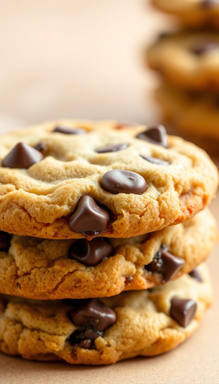 A close-up shot of a stack of classic chewy chocolate chip cookies, fresh from the oven. The cookies have a golden-brown exterior with gooey, melted chocolate chips peeking through. The lighting is warm and soft, accentuating the inviting texture and rich aroma of the cookies. The background is a clean, neutral surface, allowing the cookies to be the focal point. The image conveys a comforting, homemade feel, capturing the essence of a timeless baking tradition.