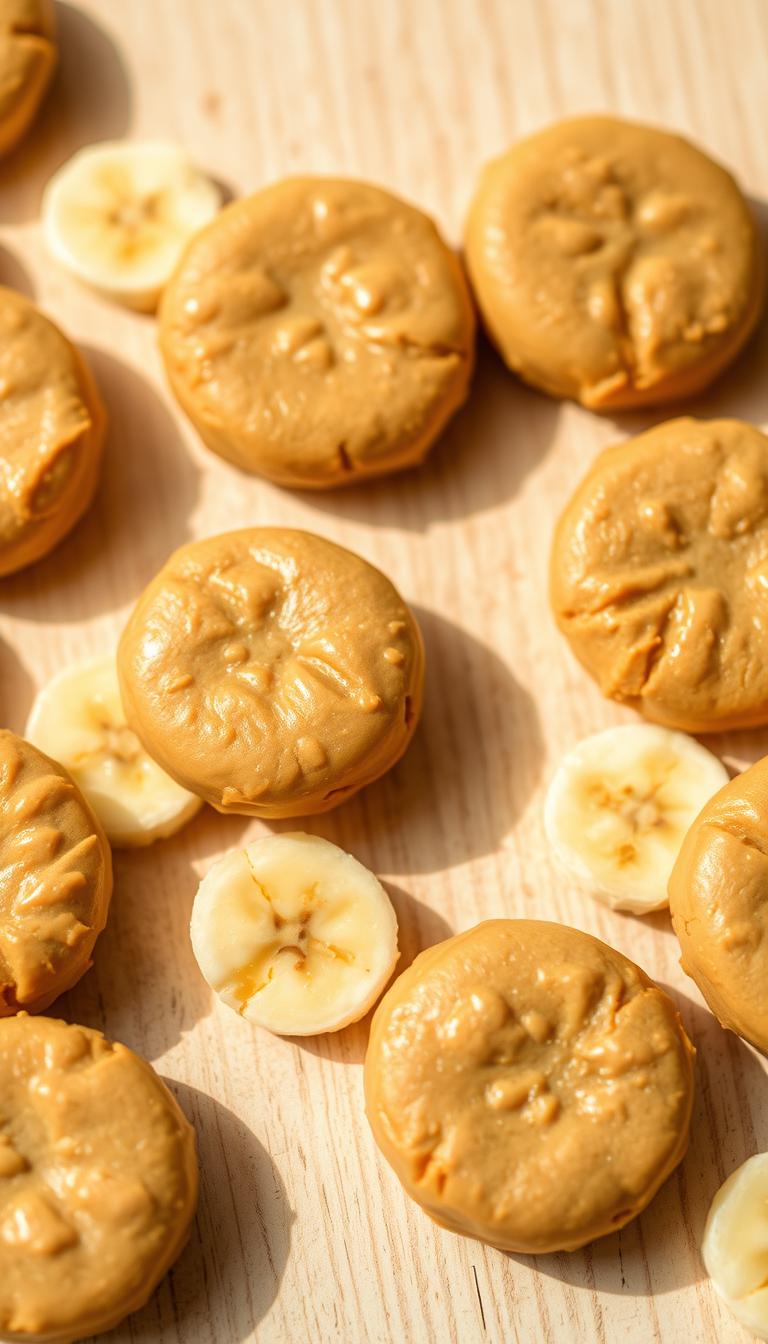 A close-up shot of several homemade peanut butter dog treats, arranged on a light wooden surface. The treats are round, roughly the size of a quarter, with a smooth and glossy peanut butter coating. Scattered around the treats are a few slices of fresh banana, adding a natural sweetness and vibrant pops of color. The lighting is soft and natural, creating gentle shadows and highlights that accentuate the treats' textures. The overall mood is warm, inviting, and showcases the healthy, wholesome ingredients used to create these delectable canine delights.