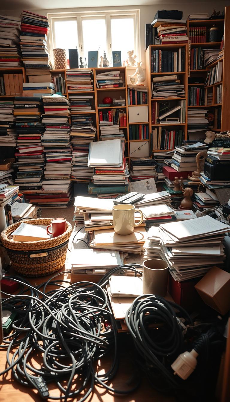 A cluttered living room with stacks of books, magazines, and knickknacks scattered around. Sunlight streams through the windows, casting a warm glow over the disorganized space. In the foreground, a jumble of cords and cables snake across the floor, partially obscured by a collection of mismatched baskets and storage containers. The middle ground features a cluttered coffee table, piled high with papers, remote controls, and a half-empty mug of coffee. In the background, bookshelves and shelves overflow with an assortment of personal items, creating a sense of visual chaos. The overall impression is one of a lived-in, yet overwhelming environment, in need of organization and simplification.