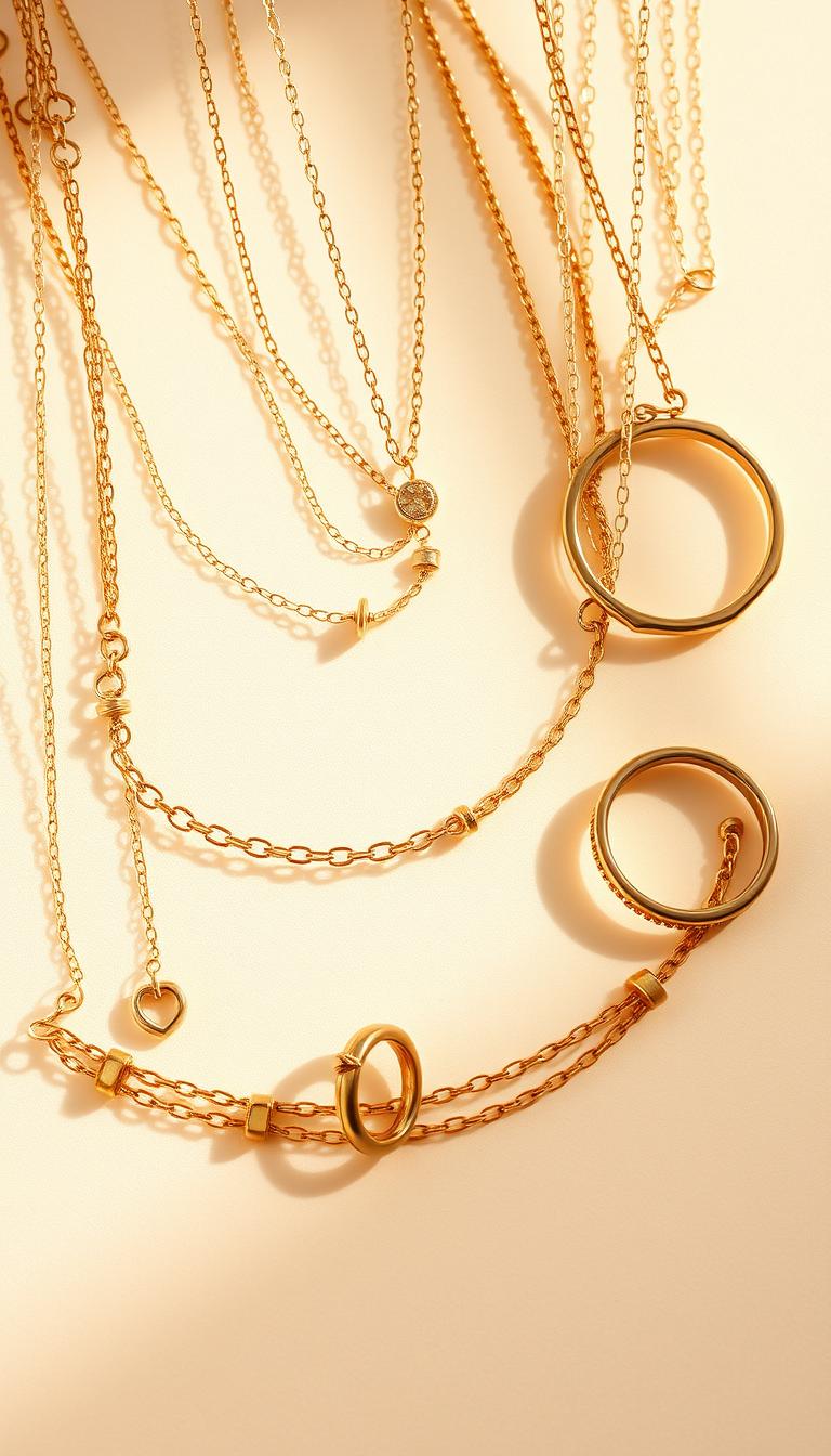 A collection of delicate, overlapping gold-toned necklaces, bracelets, and rings against a soft, ethereal backdrop. The jewelry glistens under warm, diffused lighting, casting gentle reflections and shadows that accentuate the intricate textures and details. The composition is arranged with a harmonious balance, drawing the viewer's eye to the elegant, layered pieces. The overall mood is one of refined sophistication and timeless beauty, perfectly suited to complement a minimalist, versatile capsule wardrobe.