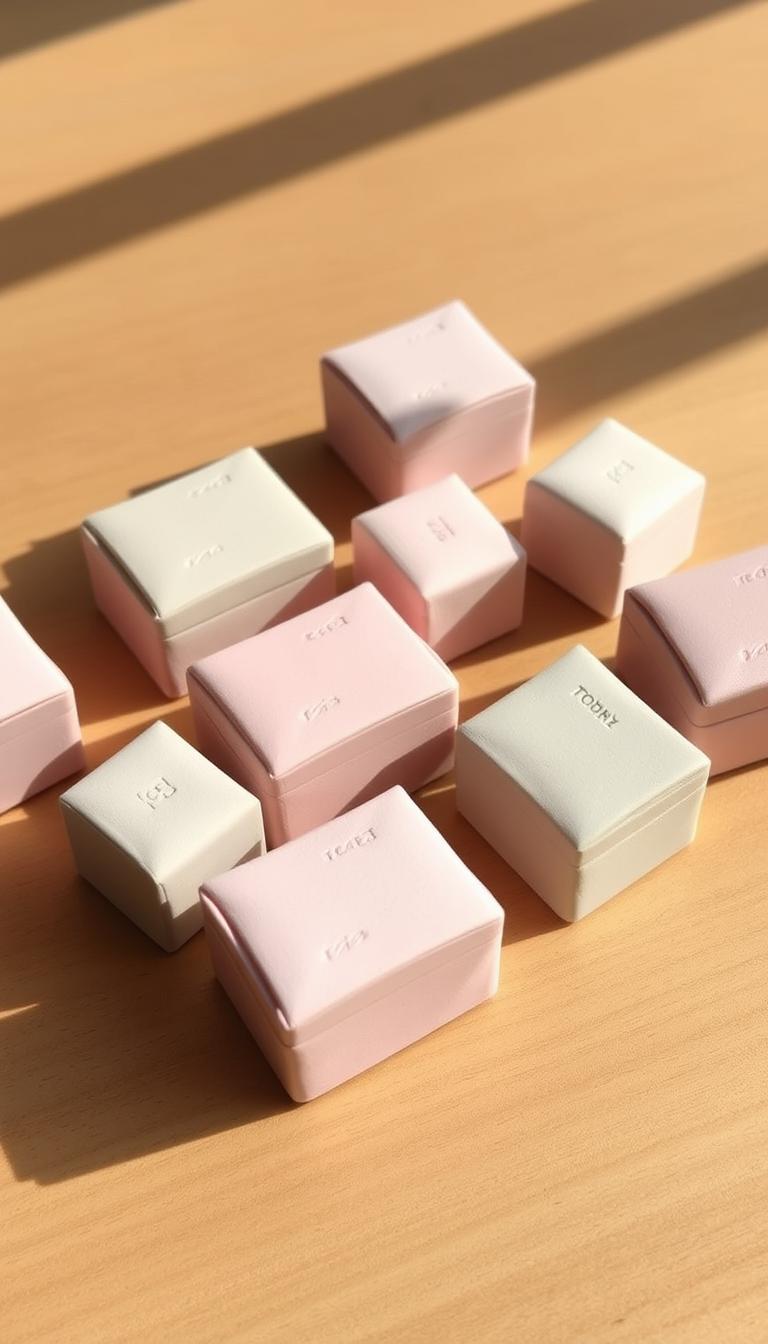 A collection of mini handmade clay boxes, arranged on a natural wooden surface. The boxes are in various pastel hues, with delicate textures and subtle indents or patterns on their sides. The lighting is soft and warm, creating gentle shadows that accentuate the tactile quality of the clay. The composition is balanced, with the boxes positioned at different angles to create visual interest. The background is clean and uncluttered, allowing the beautiful craftsmanship of the boxes to be the focal point.