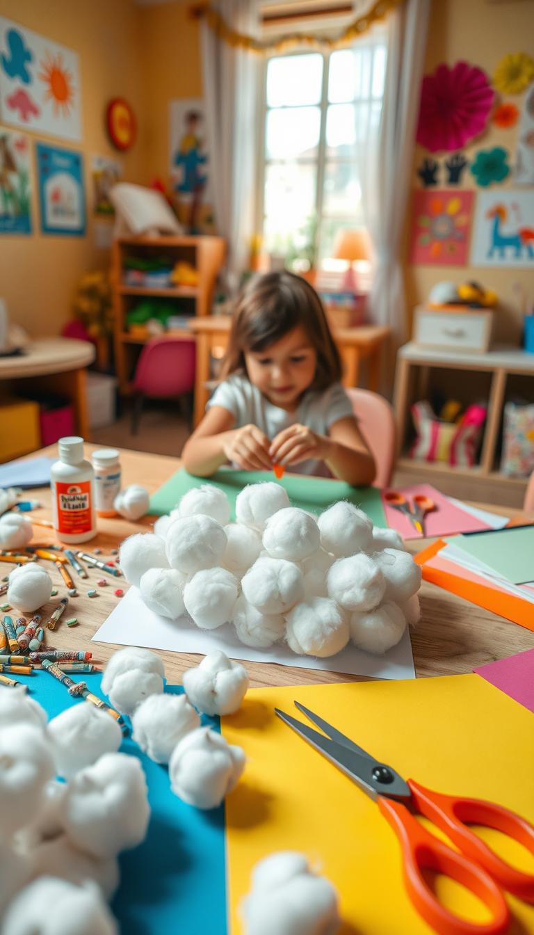 A colorful, whimsical scene featuring a creative cotton ball cloud craft project aimed at children. In the foreground, a table cluttered with supplies such as cotton balls, glue, safety scissors, and vibrant construction paper. In the middle, a child's hands delicately assembling the cloud with fluffy cotton balls on the paper, showcasing various artistic techniques. The background includes a warm and inviting room illuminated by soft, natural light streaming through a window, enhancing the joyful atmosphere. The walls are adorned with colorful kids' artwork and cheerful decorations, creating an inspiring environment for budding artists. The overall mood is bright and playful, exuding creativity and imagination.