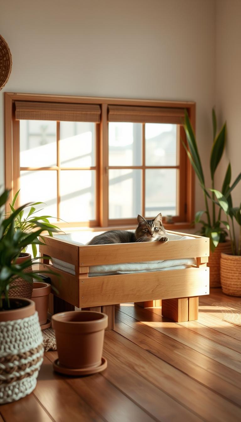 A cozy DIY crate-style cat bed set in a warm, natural-lit room. A sturdy wooden crate with a plush, cushioned interior sits on a wooden floor, surrounded by lush greenery in terracotta pots. Soft, diffused lighting from a nearby window casts a gentle glow, creating a tranquil, inviting atmosphere. The crate is elevated on wooden blocks, providing a comfortable, elevated lounging spot for a content feline occupant. Textural elements like woven baskets and natural fibers complement the rustic, handmade aesthetic. An intimate, soothing scene that captures the essence of a stylish, homemade cat haven.