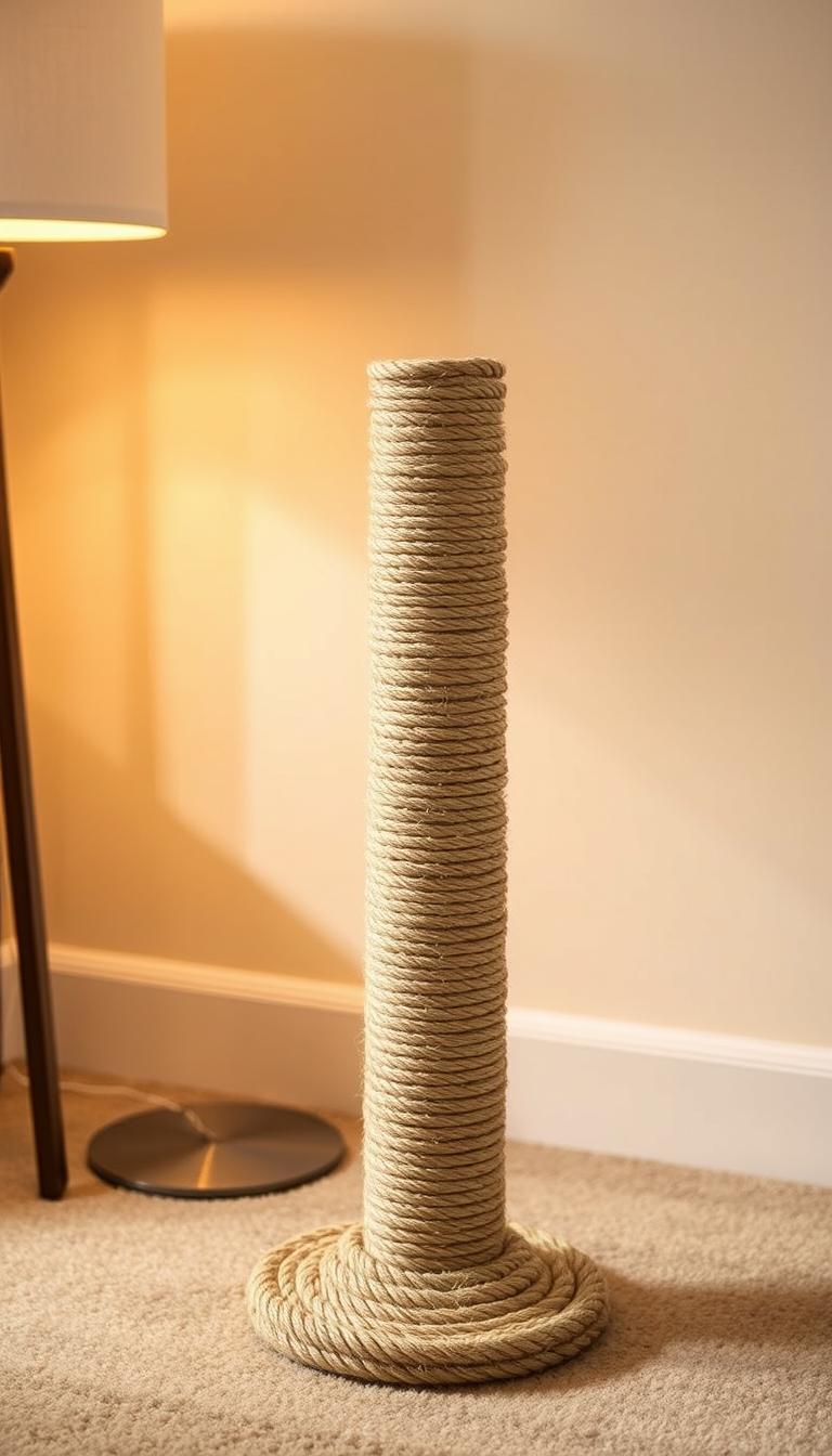 A cozy and compact rope-wrapped scratching post, perfect for small spaces. The post stands about two feet tall, with a sturdy base that provides stability. The natural sisal rope covering the post is tightly wound, offering an ideal textured surface for cats to scratch and groom. Soft, warm lighting from a nearby floor lamp creates a soothing ambiance, highlighting the post's rustic yet refined appearance. The image is captured at a slightly elevated angle, showcasing the post's elegant yet functional design against a minimalist, neutral-toned background, allowing the cat's scratching post to be the central focus.