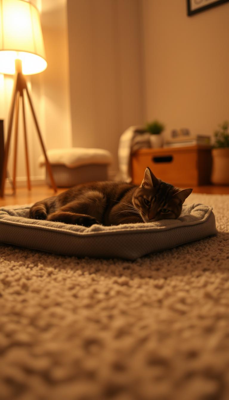 A cozy and inviting heated cat pad, resting on a plush, textured carpet in a warm, dimly lit room. The pad is a soft, plush gray with a subtle pattern, providing a comfortable and soothing surface for a cat to curl up on. Gentle, diffused lighting from a floor lamp casts a warm glow, creating a serene and tranquil atmosphere. The pad is positioned in the foreground, with a blurred, out-of-focus background hinting at a cozy, cozy space, perfect for a cat to snuggle and enjoy the winter months.