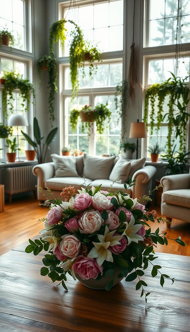 A cozy and inviting living room with abundant natural light streaming through large windows. In the foreground, a wooden coffee table is adorned with a vibrant bouquet of fresh flowers, perhaps a mix of peonies, lilies, and eucalyptus. Lush, verdant potted plants and trailing vines cascade from shelves and windowsills, creating a serene, biophilic atmosphere. The middle ground features a plush, neutral-toned sofa and armchair, inviting relaxation. The background showcases warm-toned hardwood floors and walls, with subtle, ambient lighting that enhances the overall tranquil and harmonious aesthetic. The image conveys a sense of balance, comfort, and a connection to nature, perfectly capturing the essence of "home aesthetics with fresh flowers and greenery."