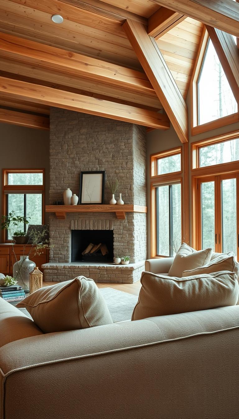 A cozy and inviting modern cabin-style living room with a neutral color palette. In the foreground, a plush, oversized sectional sofa with soft, textured upholstery invites relaxation. On the coffee table, a stack of artfully arranged books and a minimalist glass vase with fresh greenery. The middle ground features a rustic stone fireplace with a mantel adorned with simple, nature-inspired decor. Large windows with wooden frames let in ample natural light, illuminating the space. The background showcases wooden beams on the ceiling and a neutral-toned area rug, creating a warm, organic ambiance. Overall, the scene conveys a sense of comfort, simplicity, and harmony with the natural world.
