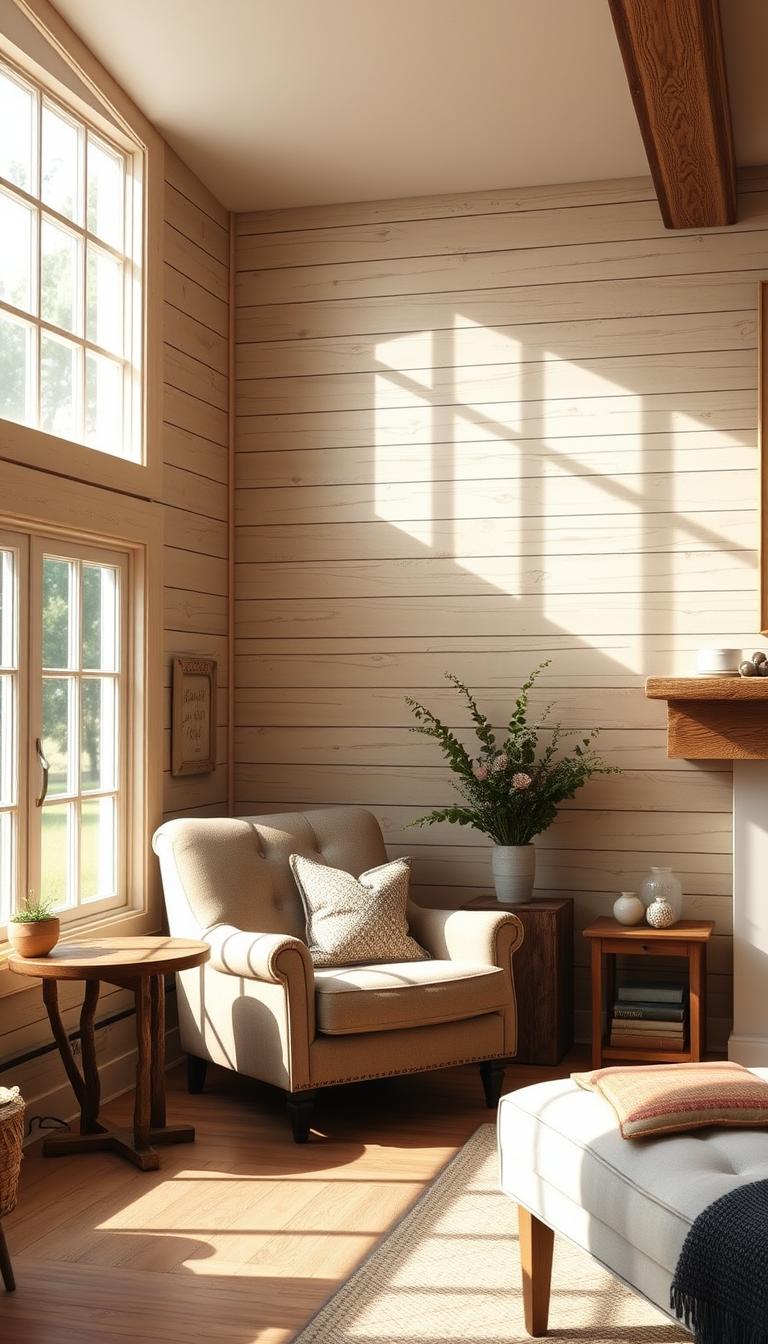 A cozy and rustic farmhouse-style room with shiplap wood walls in a warm, neutral color palette. The walls feature horizontal wooden planks with subtle distressed textures, casting soft shadows and creating a charming, lived-in ambiance. The room is filled with natural light, streaming in through large windows and casting a gentle, golden glow across the space. A mix of vintage and modern furnishings, including a plush armchair and a wooden side table, add to the overall farmhouse aesthetic. The overall mood is inviting, cozy, and reflective of a serene, country-inspired setting.