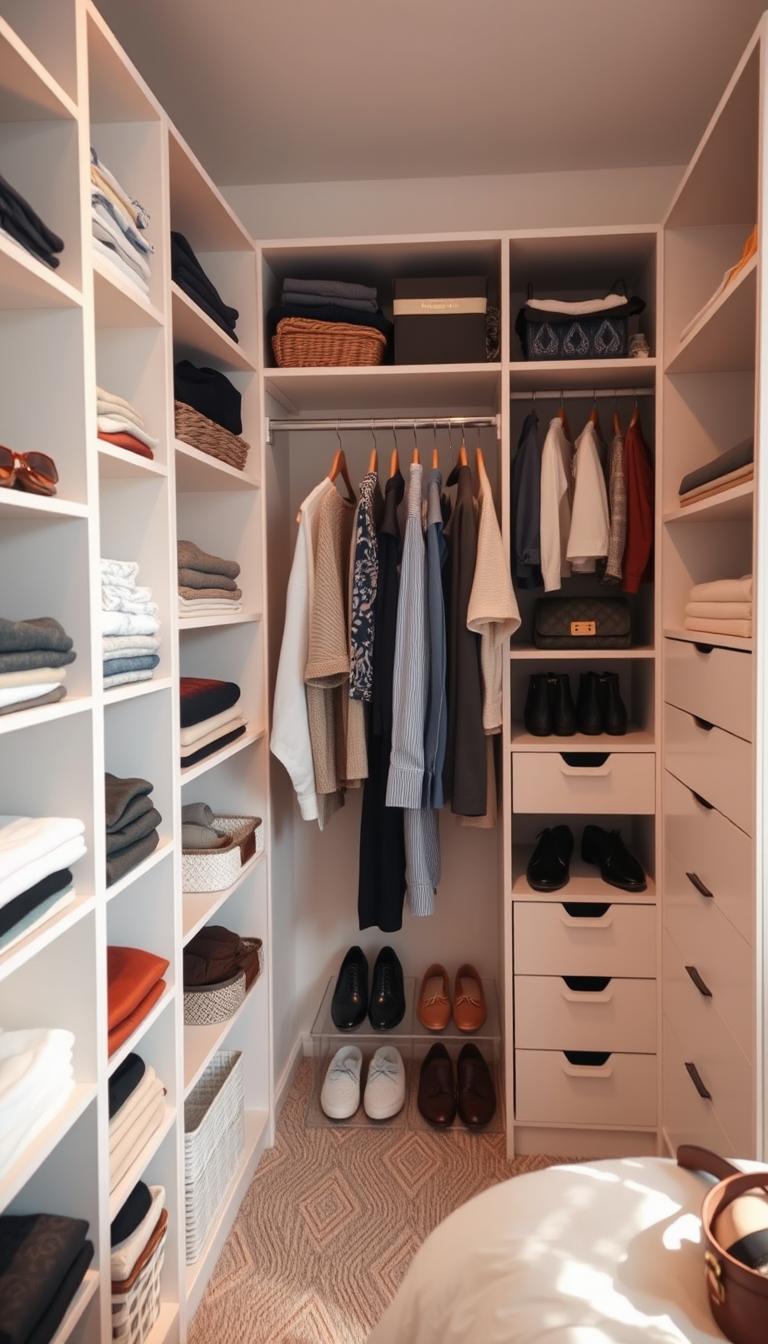 A cozy and well-organized bedroom closet with multiple storage solutions. In the foreground, various shelving units and cubbies neatly display folded clothes, accessories, and other personal items. The middle ground features a central clothing rod with hangers holding a variety of garments. In the background, a modular organizer system with drawers and compartments provides additional storage for shoes, bags, and miscellaneous items. The lighting is warm and diffused, creating a sense of calm and efficiency. The angle is slightly elevated, allowing for a comprehensive view of the optimized closet space.