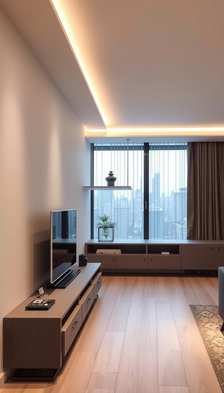 A cozy apartment living room with a modern, minimalist aesthetic. In the foreground, a low-profile media console with hidden compartments and drawers, seamlessly blending into the wall. Overhead, sleek track lighting casts a warm glow, highlighting the clean lines and muted tones. In the middle ground, a floating shelving unit with recessed alcoves, creating the illusion of depth and showcasing decorative objects. The background features a large, expansive window overlooking a vibrant cityscape, softened by sheer curtains that diffuse the natural light. The overall composition conveys a sense of order, functionality, and hidden storage solutions within a small urban living space. A cozy apartment living room with a modern, minimalist aesthetic. In the foreground, a low-profile media console with hidden compartments and drawers, seamlessly blending into the wall. Overhead, sleek track lighting casts a warm glow, highlighting the clean lines and muted tones. In the middle ground, a floating shelving unit with recessed alcoves, creating the illusion of depth and showcasing decorative objects. The background features a large, expansive window overlooking a vibrant cityscape, softened by sheer curtains that diffuse the natural light. The overall composition conveys a sense of order, functionality, and hidden storage solutions within a small urban living space.