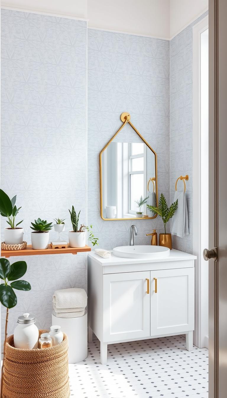 A cozy bathroom interior with a trendy peel-and-stick wallpaper feature wall. The wallpaper has a minimalist, geometric pattern in soft shades of blue and white, adding depth and visual interest to the space. In the foreground, various DIY decor elements are artfully arranged - a wooden floating shelf displaying potted plants, a minimalist mirror with a brass frame, and a set of decorative jars and containers. The middle ground features a modern, white vanity with sleek hardware, topped with a vessel sink and a stylish faucet. The background has natural lighting streaming in through a large window, creating a bright and airy atmosphere. The overall vibe is one of serene, Scandinavian-inspired style. A cozy bathroom interior with a trendy peel-and-stick wallpaper feature wall. The wallpaper has a minimalist, geometric pattern in soft shades of blue and white, adding depth and visual interest to the space. In the foreground, various DIY decor elements are artfully arranged - a wooden floating shelf displaying potted plants, a minimalist mirror with a brass frame, and a set of decorative jars and containers. The middle ground features a modern, white vanity with sleek hardware, topped with a vessel sink and a stylish faucet. The background has natural lighting streaming in through a large window, creating a bright and airy atmosphere. The overall vibe is one of serene, Scandinavian-inspired style.