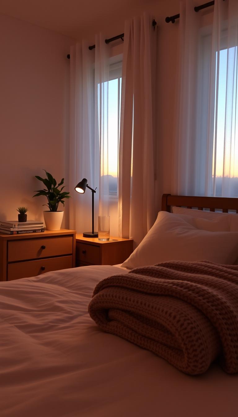 A cozy bedroom at dusk, with warm lighting from a bedside lamp and the soft glow of a sunset through sheer curtains. On a wooden nightstand, a potted plant, a tidy stack of books, and a glass of water. In the foreground, a neatly made bed with plush bedding, a few throw pillows, and a soft knitted blanket folded at the end. The room is clean and uncluttered, reflecting a sense of tranquility and order. The overall atmosphere is calm, relaxing, and inviting, setting the stage for a restful evening wind-down.