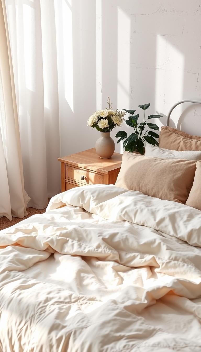 A cozy bedroom scene with a neatly made bed in the foreground, layered with a soft, cream-colored quilt, plush throw pillows in various textures and shades of beige, and a linen duvet cover that catches the gentle light filtering in through sheer curtains. In the middle ground, a wooden nightstand with a warm, weathered finish holds a ceramic vase of fresh flowers, while a plush area rug in earthy tones grounds the composition. The background features a whitewashed wall with subtle, textural details that create a calming, serene ambiance, complemented by a potted plant in the corner, casting soft shadows. The overall mood is one of comfort, coziness, and tranquility.