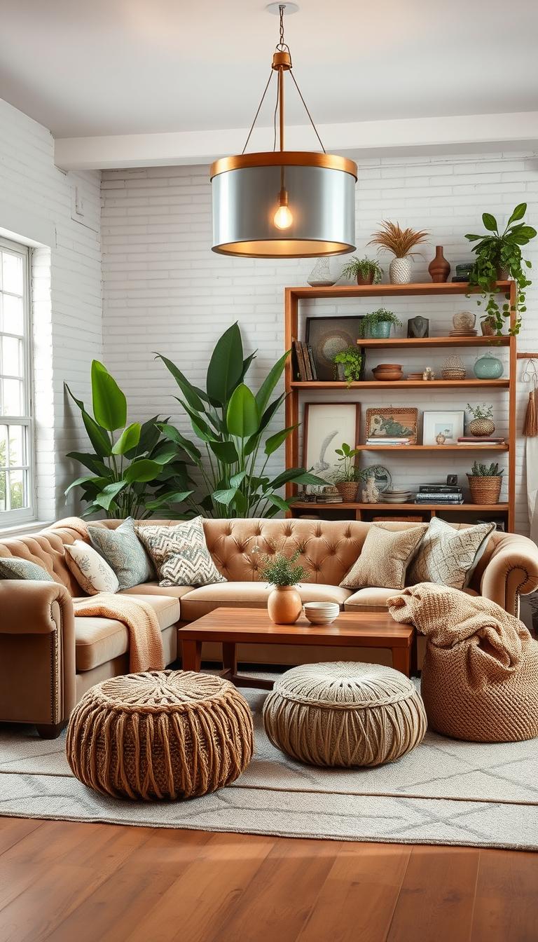 A cozy boho living room with neutral tones and natural textures. The foreground features a plush, tufted velvet sofa adorned with patterned throw pillows and a woven blanket. In the middle ground, a low wooden coffee table is surrounded by a mix of rattan and macrame poufs. Hanging from the ceiling, a large, modern brass chandelier casts a warm, ambient light. The background showcases whitewashed brick walls, lush potted plants, and a reclaimed wood shelving unit displaying eclectic decor pieces. The overall atmosphere is inviting, relaxed, and infused with a touch of bohemian elegance.
