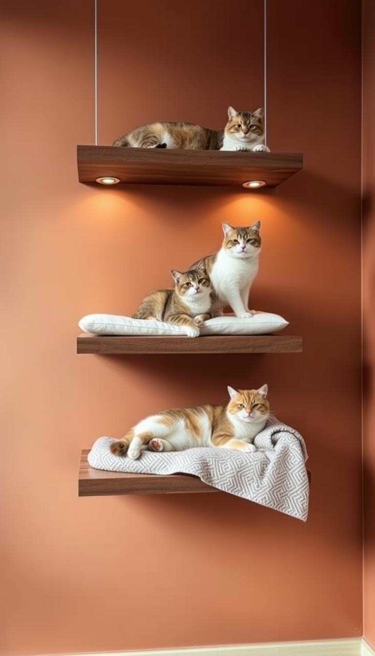 A cozy cat lounging space with floating wooden shelves, suspended in mid-air against a warm, earthy-toned backdrop. The shelves are strategically placed at different heights, creating an inviting multi-level perch for feline companions. Soft, plush cushions and a cozy blanket adorn the shelves, offering the perfect spot for cats to nap, play, and survey their domain. Gentle, diffused lighting casts a comforting glow, while the sleek, minimalist design blends seamlessly with the surrounding decor. The overall scene exudes a sense of tranquility and comfort, perfectly suited for a small, cozy cat corner.