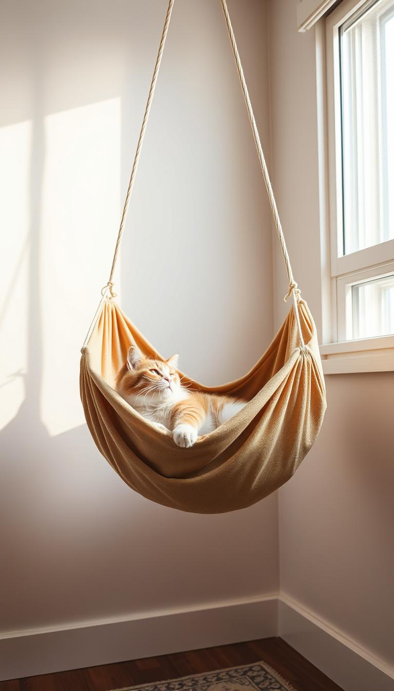 A cozy corner cat hammock, suspended from the ceiling, bathed in soft, warm lighting. The hammock is made of durable, high-quality fabric in a neutral, earthy tone, complementing the room's natural decor. It is positioned at the perfect height for a feline to lazily lounge, gazing out the nearby window. The hammock's design features a subtle curve, offering maximum comfort and support for the cat's body. The background showcases a minimalist, Scandinavian-inspired room, with clean lines and muted colors, creating a serene, relaxing atmosphere. The camera angle captures the hammock from a low, slightly angled perspective, highlighting its inviting and enticing nature.