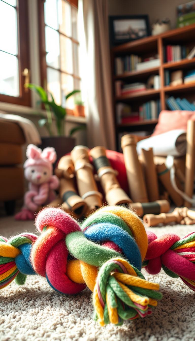 A cozy corner of a living room, bathed in warm, natural light streaming through a window. In the foreground, a plush, colorful fleece dog toy with intricate knotted patterns takes center stage. The toy's soft, inviting texture and vibrant hues create an irresistible playtime appeal. In the middle ground, a variety of simple, handmade pet toys made from common household items, such as cardboard tubes, rope, and fabric scraps, are arranged neatly, showcasing the DIY possibilities for enriching a furry friend's life. The background features a bookshelf filled with dog-related books and accessories, hinting at the loving care and attention given to the animal companion. The overall scene exudes a sense of homemade charm, practicality, and a dedication to providing engaging, budget-friendly playtime for the beloved pet.