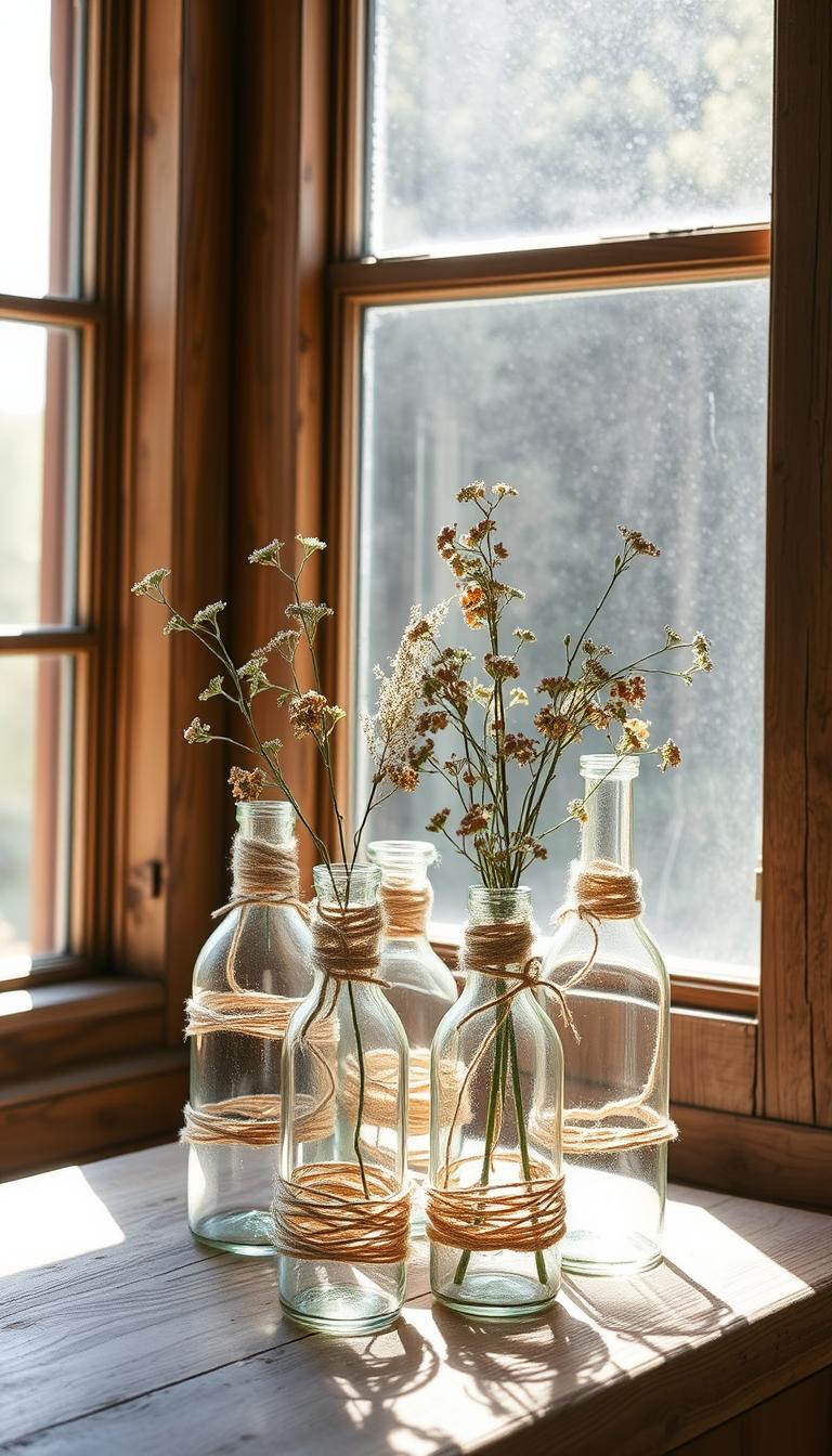 A cozy corner of a rustic farmhouse interior, sunlight streaming through a large window illuminates a cluster of simple glass vases, their forms accentuated by artful wrappings of natural jute twine. The twine winds around the vases in elegant, organic patterns, creating visual texture and a tactile, handcrafted aesthetic. Delicate foliage or small blooms spill gracefully from the vessels, lending a softness and natural charm to the scene. The overall mood is one of effortless, wholesome beauty - a serene, inviting space perfect for displaying these charming, handmade twine-wrapped vases.