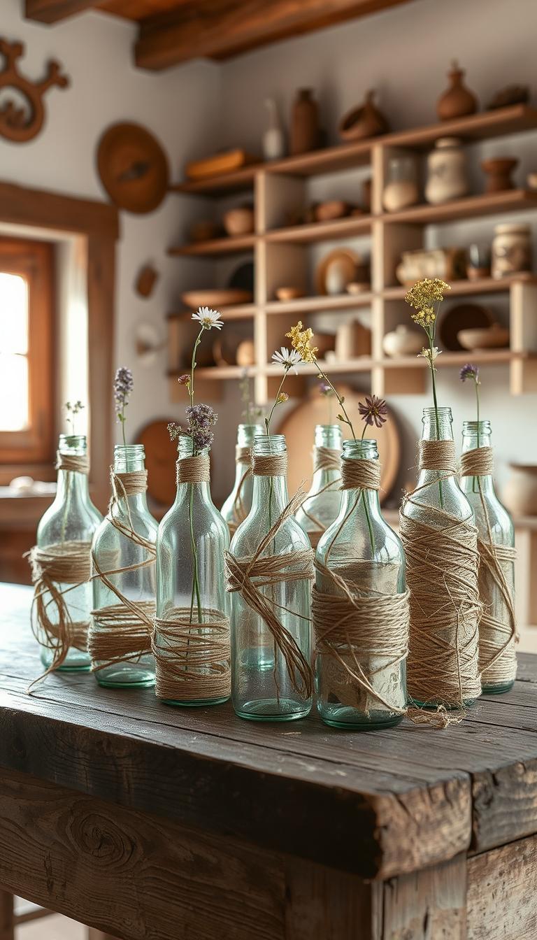 A cozy cottage interior, soft natural lighting filtering through a window. On a rustic wooden table, an arrangement of glass bottles, each wrapped in intricate twine patterns - some adorned with delicate wildflowers, others left in their raw, textural glory. The twine trails and wraps around the bottles, creating a beautiful, organic display. In the background, a wall of earthy-toned shelves holds an assortment of natural, handcrafted objects, complementing the rustic, homespun aesthetic. The overall mood is one of warmth, simplicity, and a connection to nature.