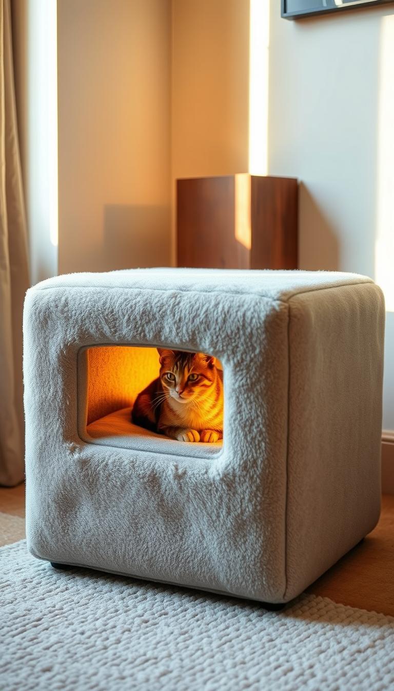 A cozy cube ottoman with a soft, plush fabric surface, placed in a cozy, well-lit corner. The cube has a discrete opening on one side, inviting a curious cat to nestle inside and bask in the warmth. Warm, natural lighting filters through the room, casting a gentle glow on the ottoman. The scene evokes a sense of comfort and relaxation, perfect for a small space in need of a cozy cat-friendly nook.