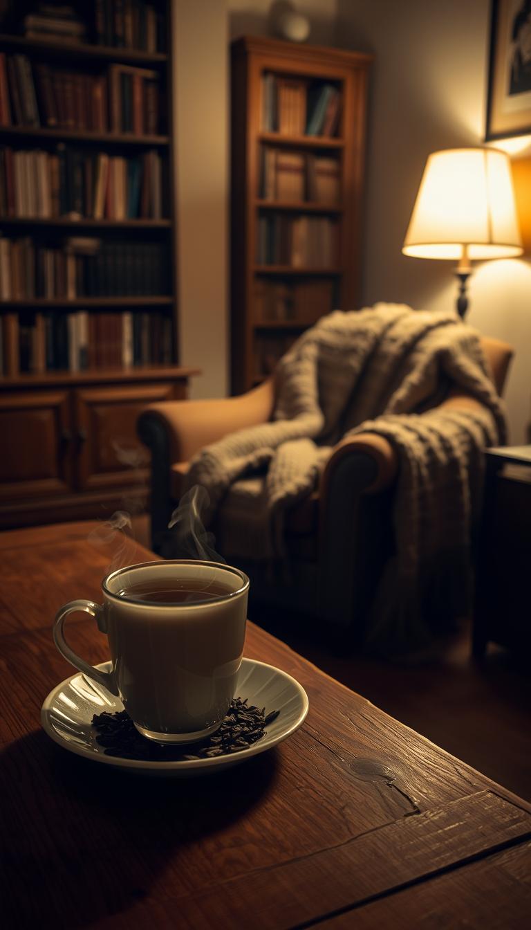 A cozy, dimly lit room with a wooden table in the foreground, a steaming mug of fragrant tea placed atop a delicate saucer. The tea leaves unfurl gently, releasing their earthy aroma. In the middle ground, a knitted blanket is draped over a comfortable armchair, inviting the viewer to pause and indulge in the moment. Soft, diffused lighting emanates from a nearby lamp, casting a warm glow across the scene. In the background, a bookshelf filled with well-worn volumes adds to the sense of tranquility. The overall atmosphere is one of calm reflection, as the ritual of tea-drinking becomes a meditative practice, soothing the soul and creating a sanctuary of serenity.