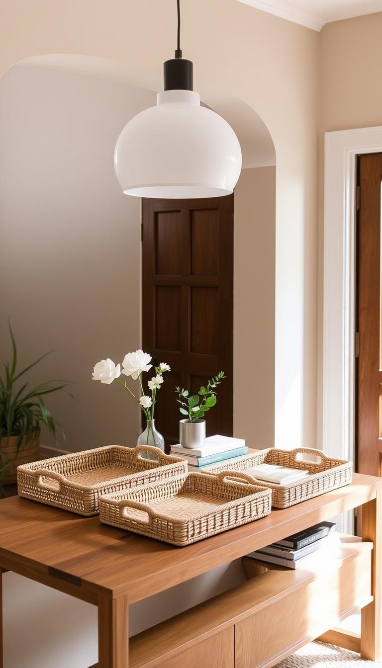 A cozy entryway showcases a set of elegant decorative trays on a wooden console table. The trays are crafted from natural materials like rattan, wicker, or woven seagrass, with a muted color palette that complements the warm, earthy tones of the space. Soft, diffused lighting from a modern pendant fixture casts a gentle glow, highlighting the intricate textures and organic forms of the trays. The arrangement is styled with a few carefully selected decorative accents, such as a small potted plant or a stack of coffee table books, creating a welcoming and organized display for keys, mail, and other everyday items.