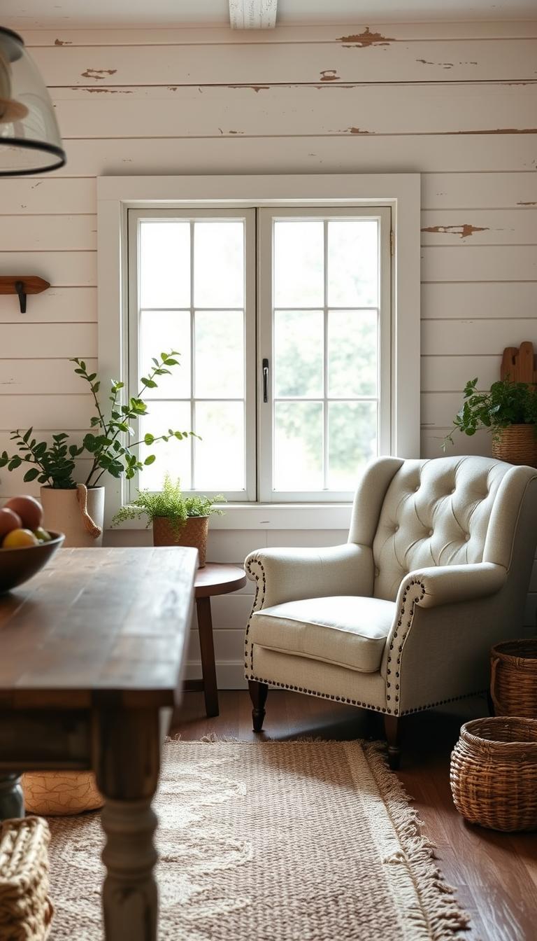 A cozy farmhouse interior with warm, weathered textures. Soft lighting illuminates a rustic wood table, its surface worn and distressed. Nearby, a plush, tufted armchair sits atop a thick wool rug, inviting relaxation. The walls are clad in shiplap paneling, its paint gently chipped, creating an aged, charming ambiance. Potted plants and a woven basket add natural accents, while the large window allows soft, diffused daylight to filter in, casting a gentle glow over the scene. The overall atmosphere evokes a sense of comfort, simplicity, and timeless farmhouse character.