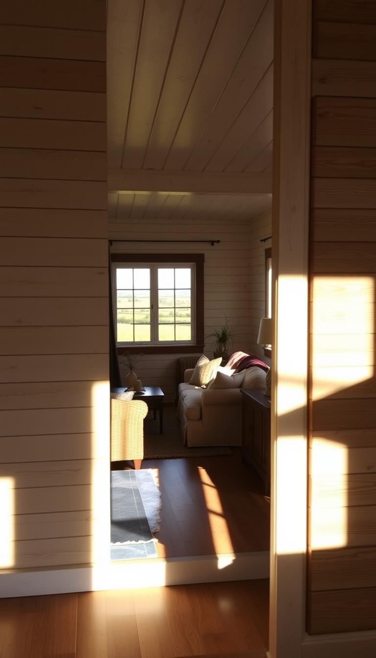A cozy farmhouse-style interior with shiplap accent walls bathed in warm, natural lighting. In the foreground, a rustic wood-paneled wall with distinct horizontal shiplap planks, casting long shadows across the space. In the middle ground, a tastefully furnished living area featuring plush, neutral-toned furnishings and natural fiber accents. The background depicts a picturesque window framing a serene countryside view, complementing the overall farmhouse aesthetic. The scene exudes a sense of timeless comfort and understated elegance.