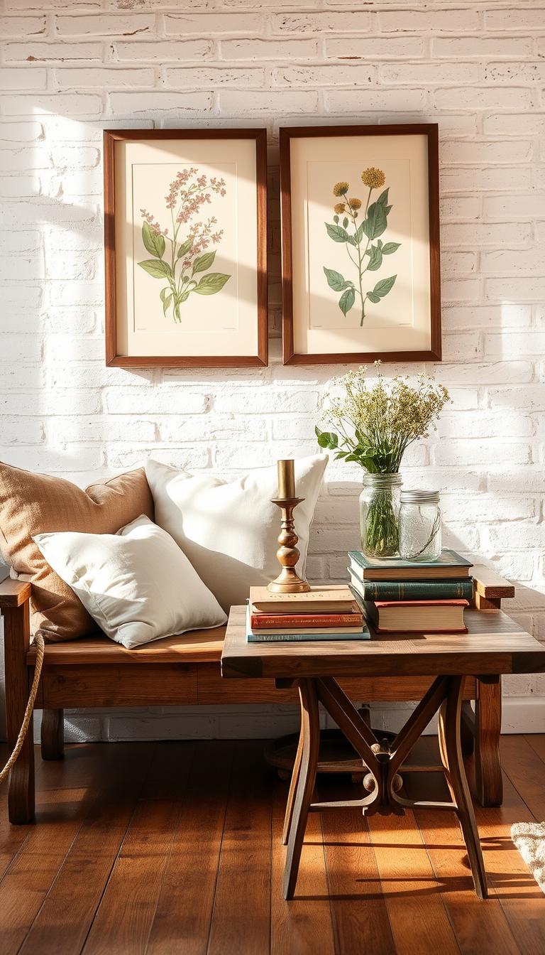 A cozy farmhouse-style vignette bathed in warm, natural lighting. In the foreground, a rustic wooden bench adorned with plush, vintage-inspired throw pillows. On the bench, an artfully arranged collection of weathered ceramic vases, a tarnished brass candlestick, and a stack of well-worn antique books. In the middle ground, a reclaimed wood side table supporting a potted plant and a mason jar filled with fresh wildflowers. The background features a whitewashed brick wall with a pair of vintage-framed botanical prints hanging in an asymmetrical arrangement. The overall scene exudes a charming, timeless elegance perfect for a modern farmhouse aesthetic.